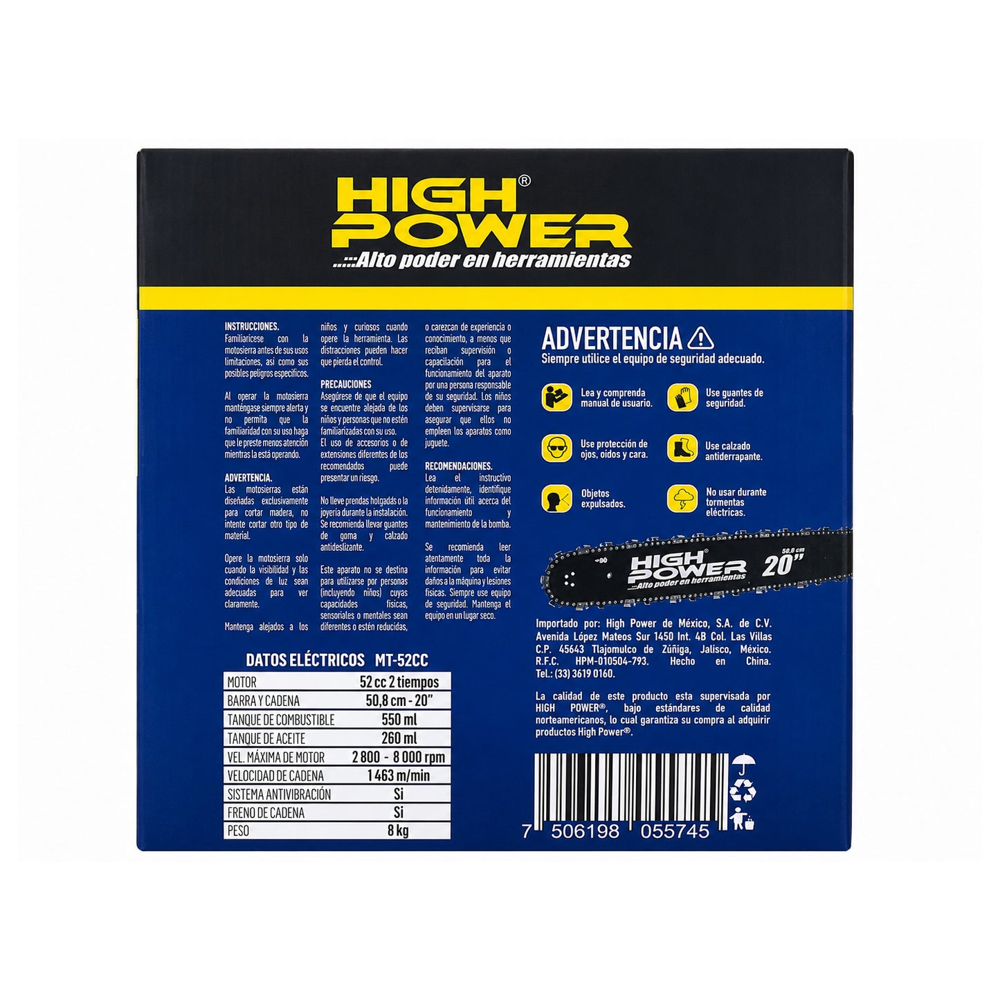 Motosierra a Gasolina 20" 52 cc 2 Tiempos HIGH POWER