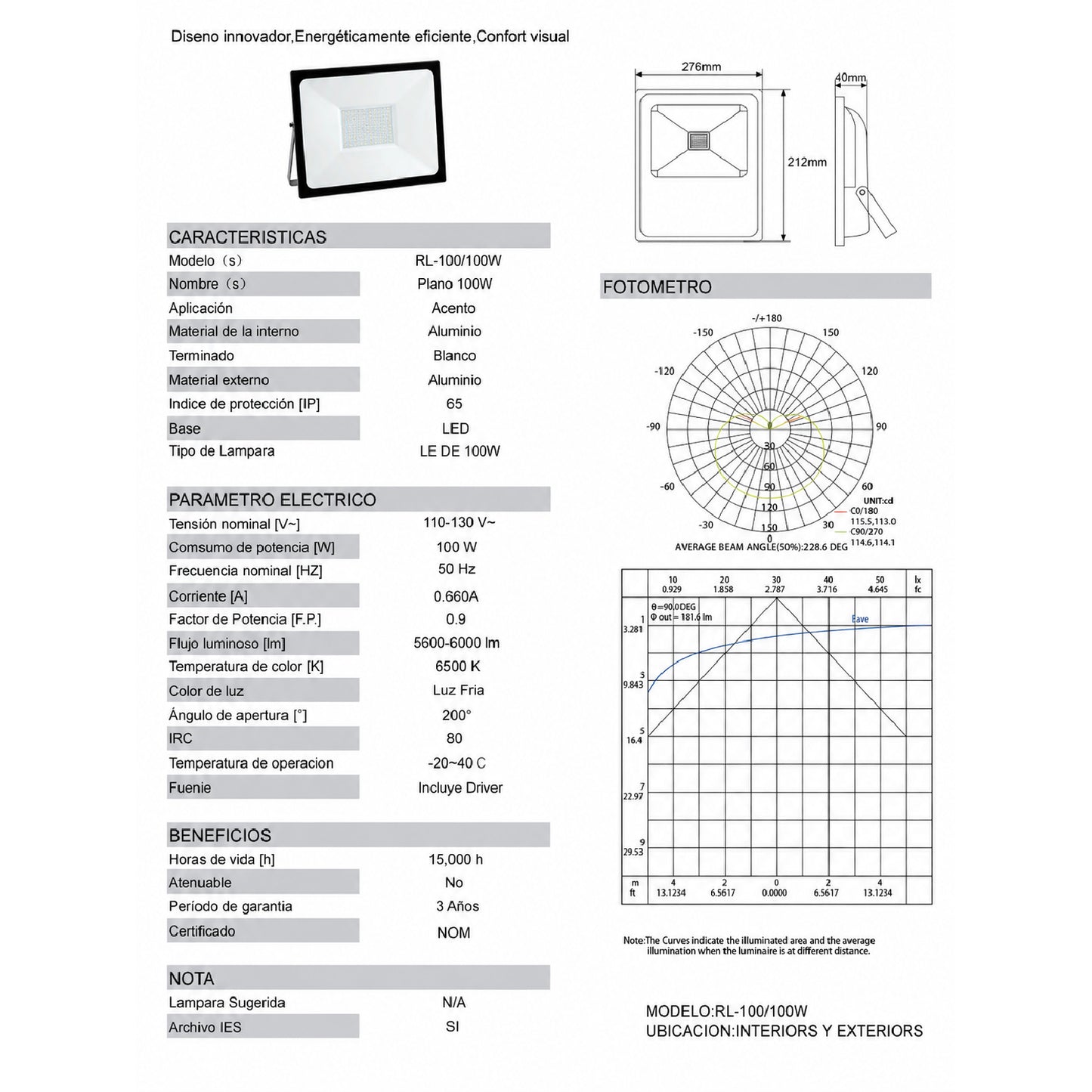 Reflector LED Fijo 100W Luz Blanca MAGNALUX