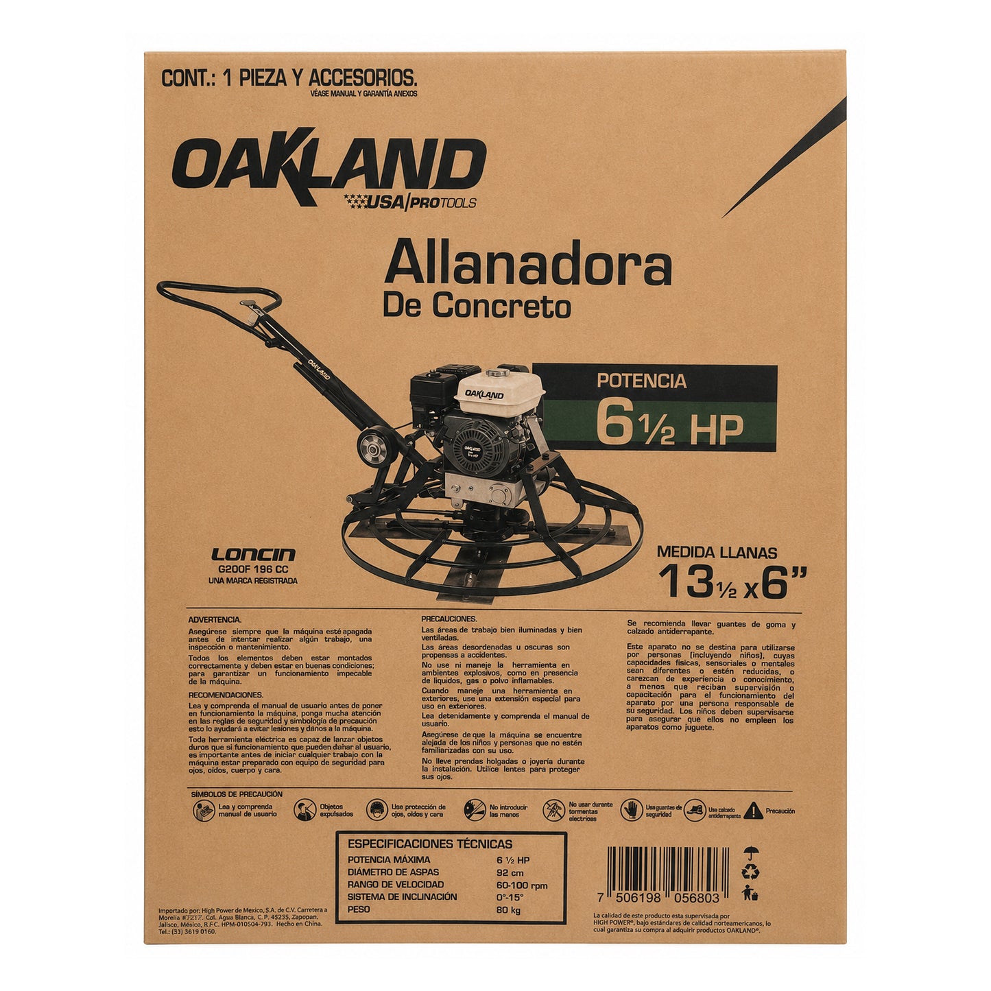 Allanadora de Concreto Motor Loncin 6.5 HP OAKLAND