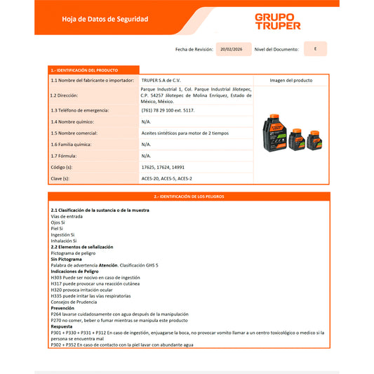 Aceite Sintético para Motor de 2 Tiempos 100 ml TRUPER