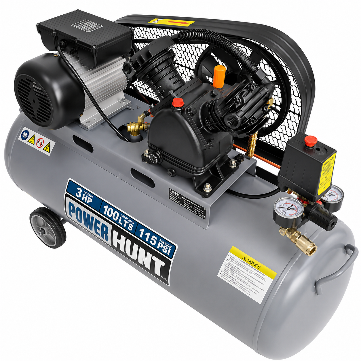 Compresor de Aire de Banda 100 L 3HP 115 PSI POWER HUNT