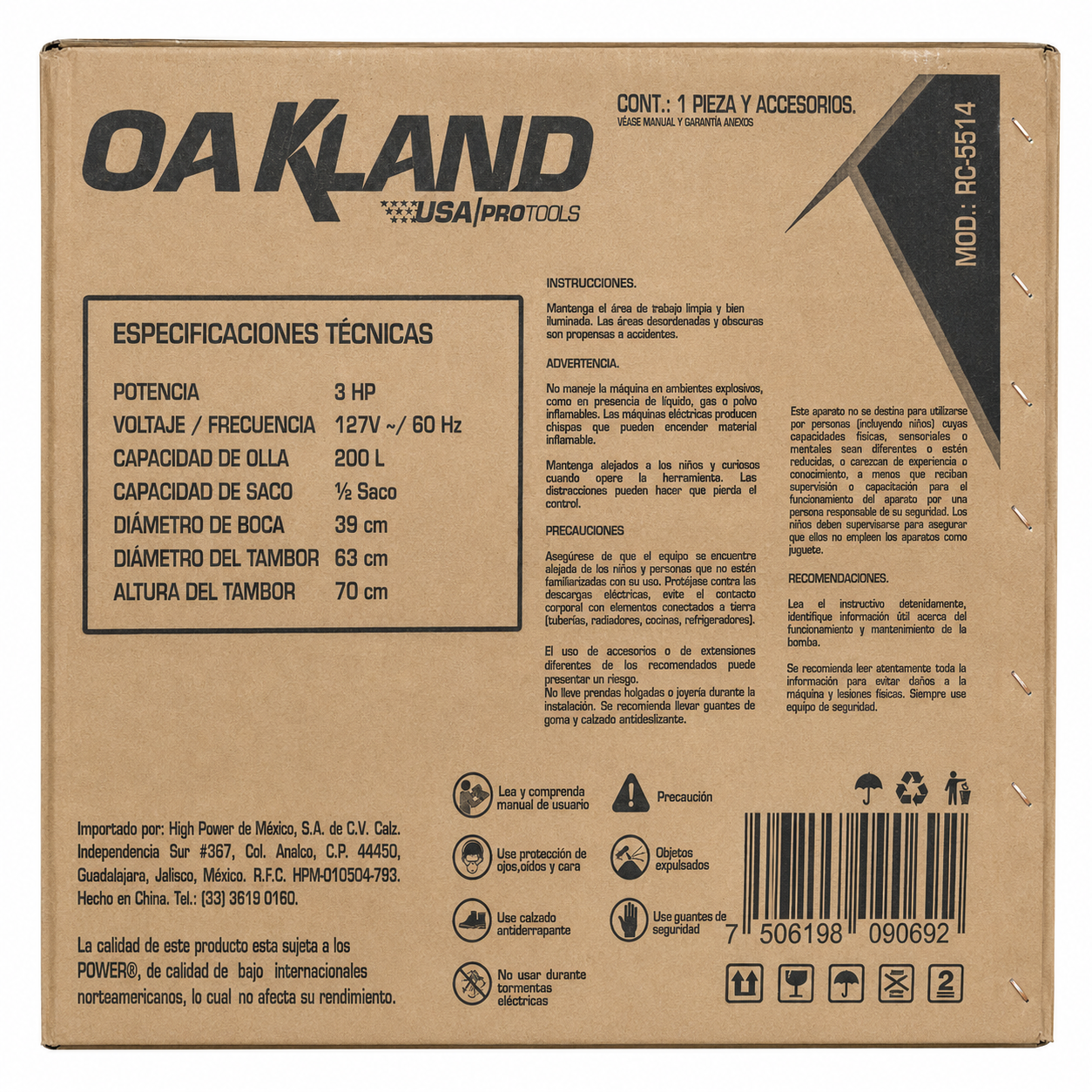Revolvedora de Concreto con Motor a Gasolina 3 HP 200 L OAKLAND