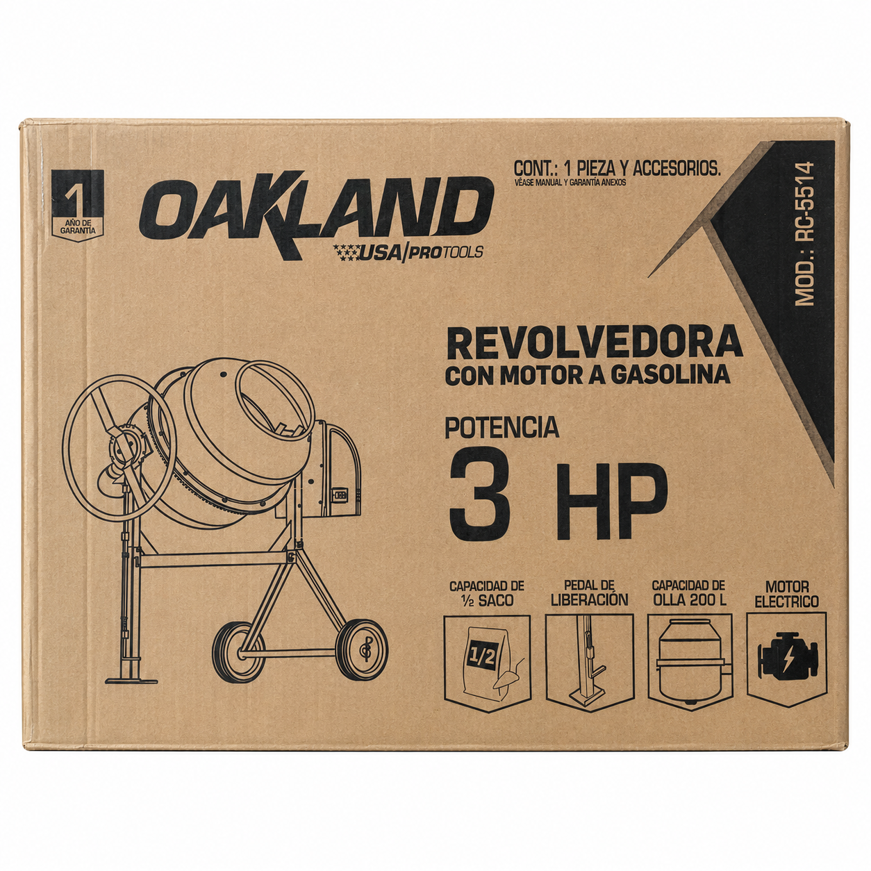 Revolvedora de Concreto con Motor a Gasolina 3 HP 200 L OAKLAND