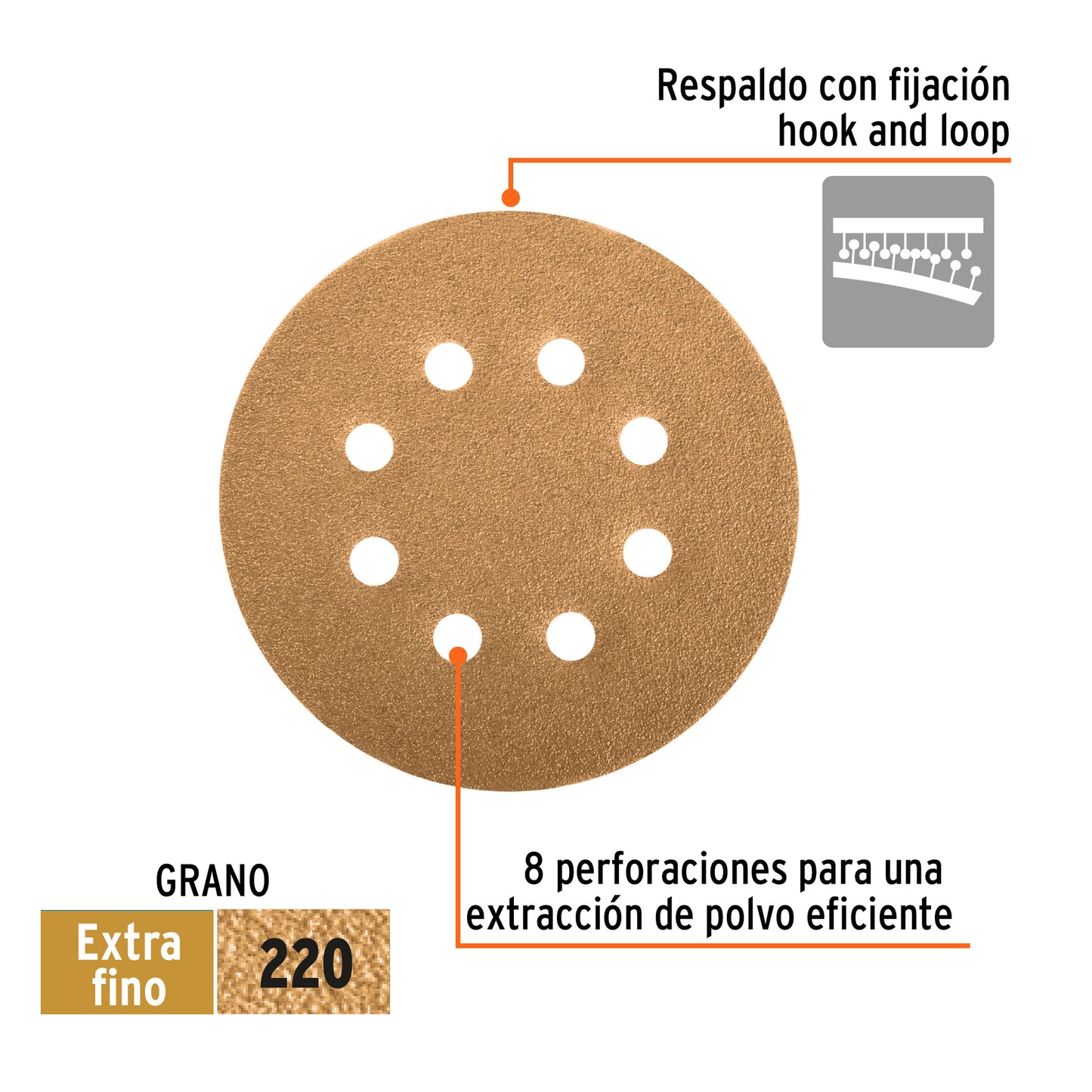 Paquete con 5 Discos de Lija 5" Grano 220, 8 Perforaciones TRUPER