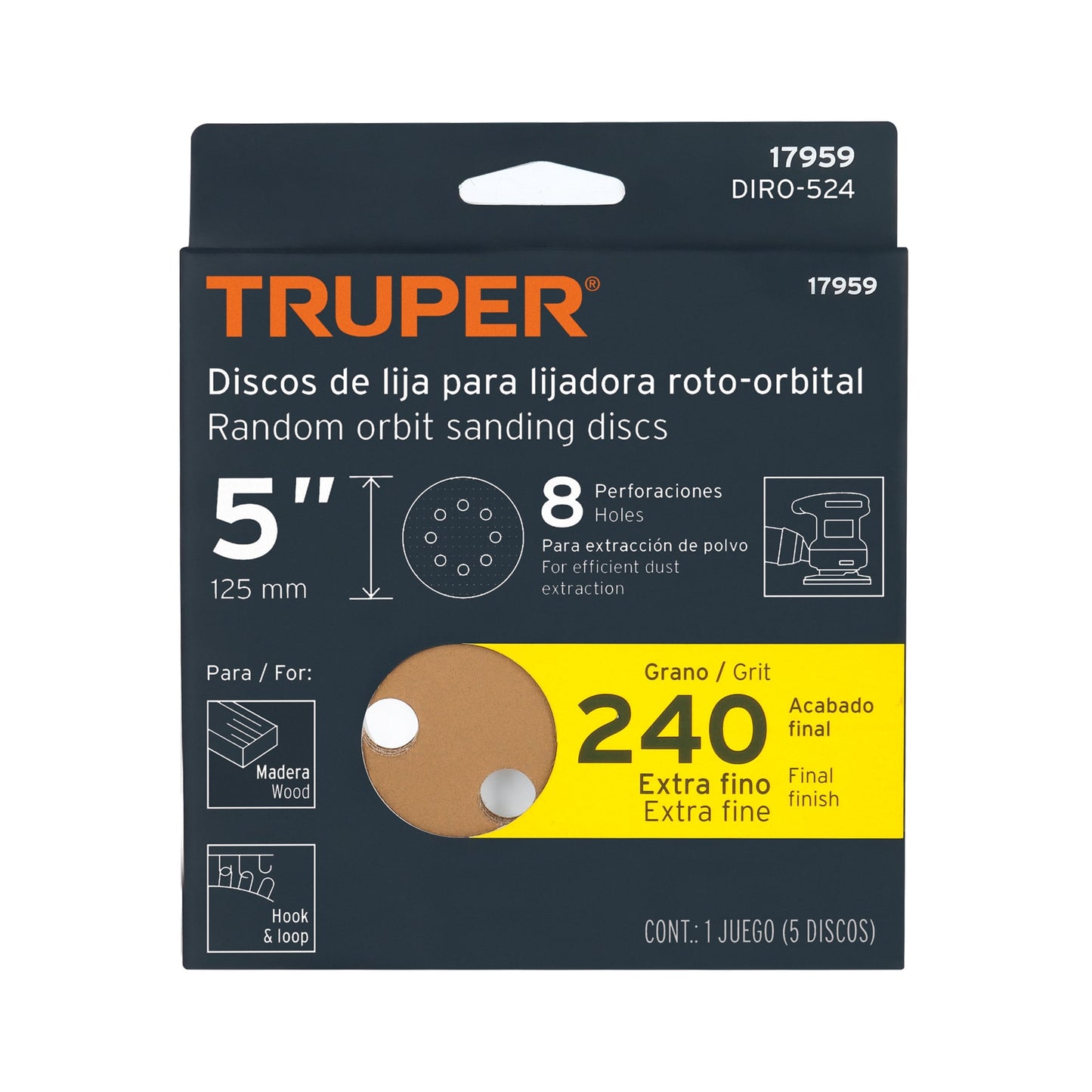 Paquete con 5 Discos de Lija 5" Grano 240 para Lijadora Roto-Orbital TRUPER