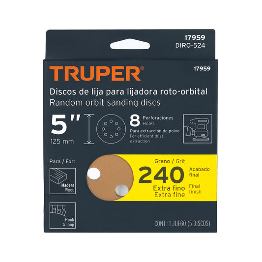 Paquete con 5 Discos de Lija 5" Grano 240 para Lijadora Roto-Orbital TRUPER