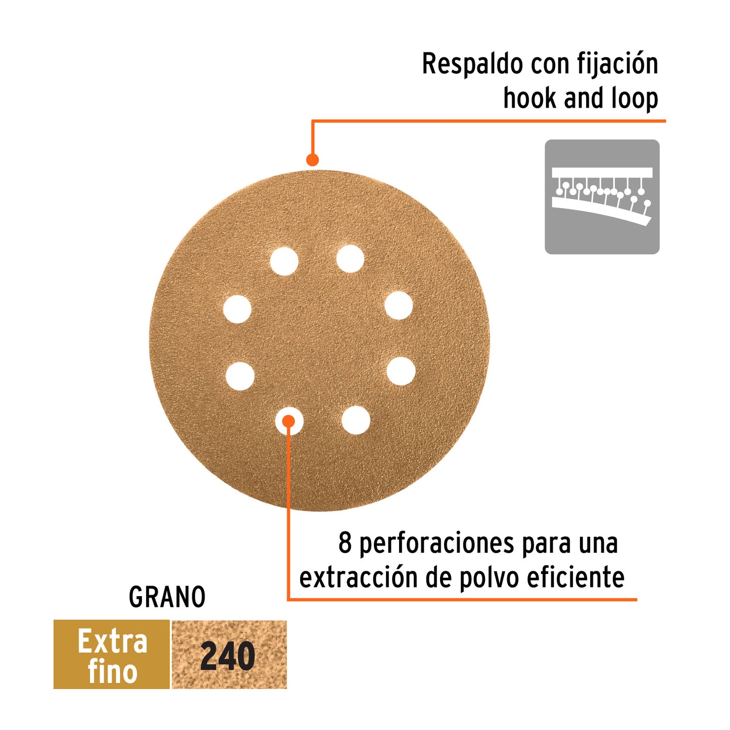 Paquete con 5 Discos de Lija 5" Grano 240 para Lijadora Roto-Orbital TRUPER