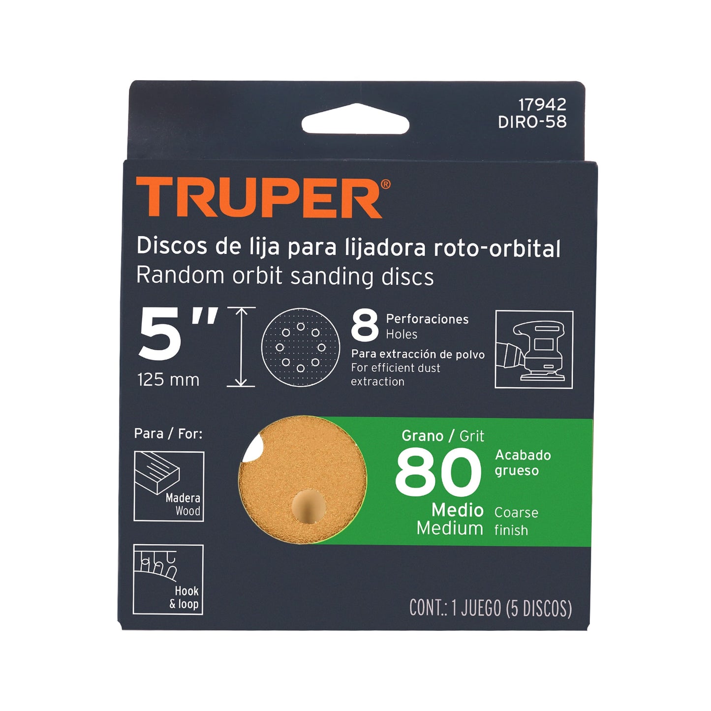 Paquete con 5 Discos de Lija 5" Grano 80 para Lijadora Roto-Orbital TRUPER