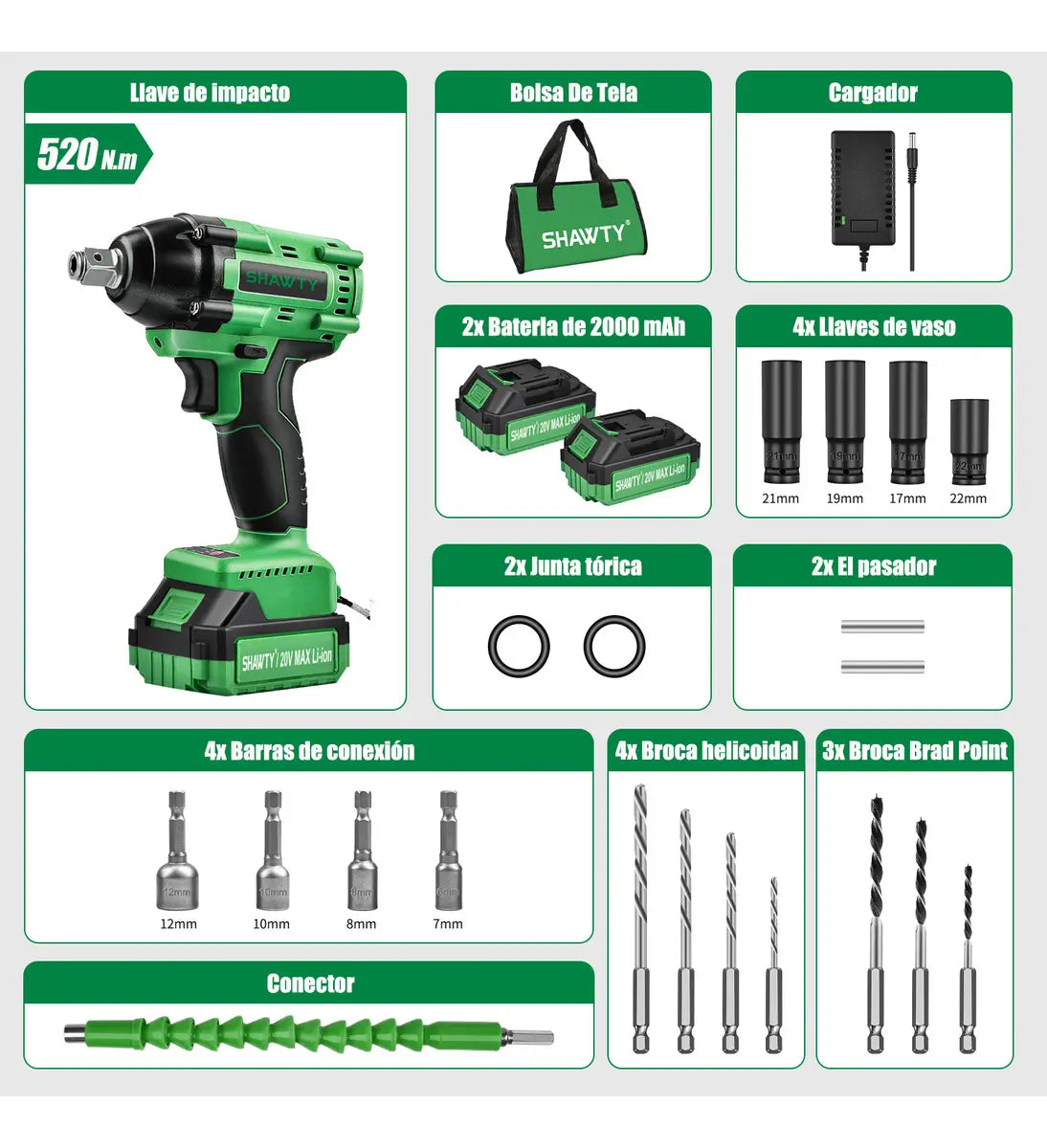 Llave de Impacto Inalámbrica 20V 1/2" con 2 Baterías SHAWTY