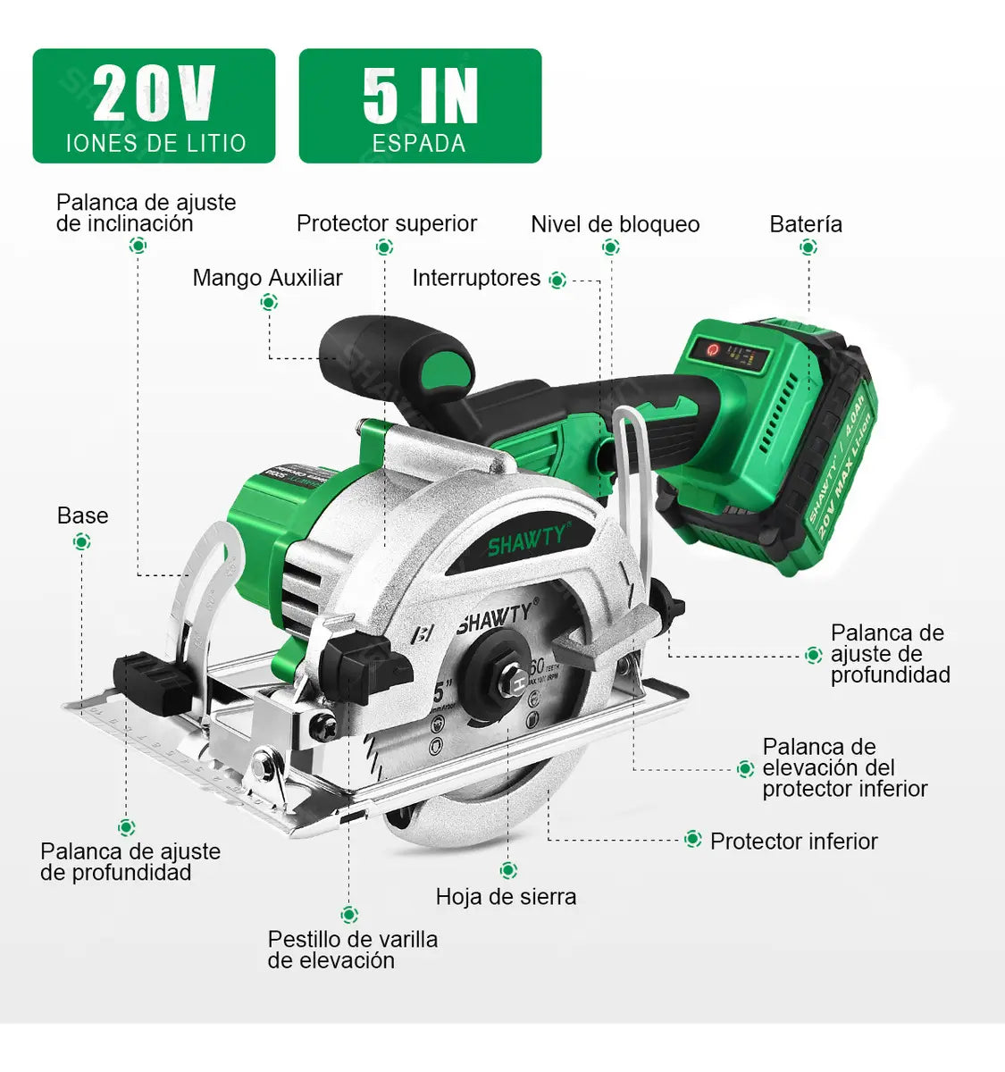 Sierra Circular Inalámbrica 20V con 2 Baterías 4.0Ah SHAWTY