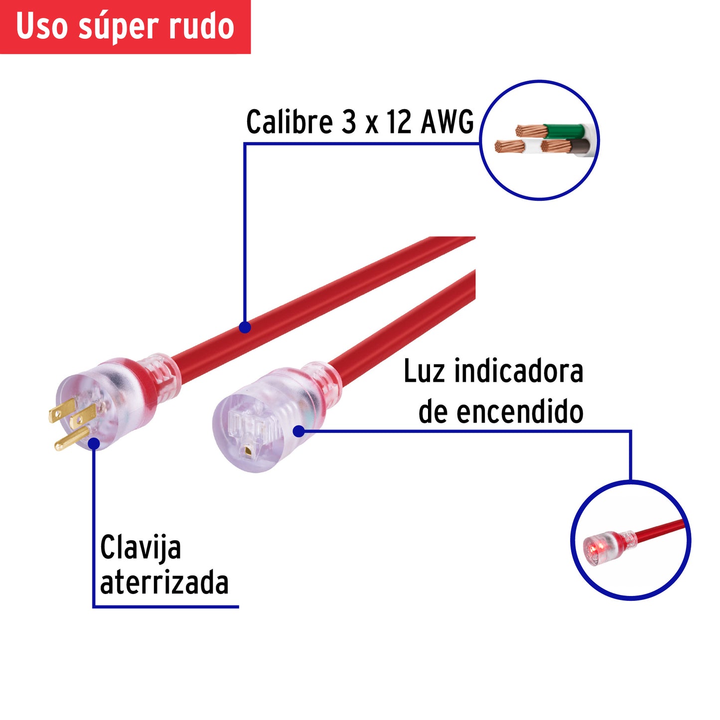 Extensión Eléctrica Uso Rudo 10 m Calibre 12 VOLTECK