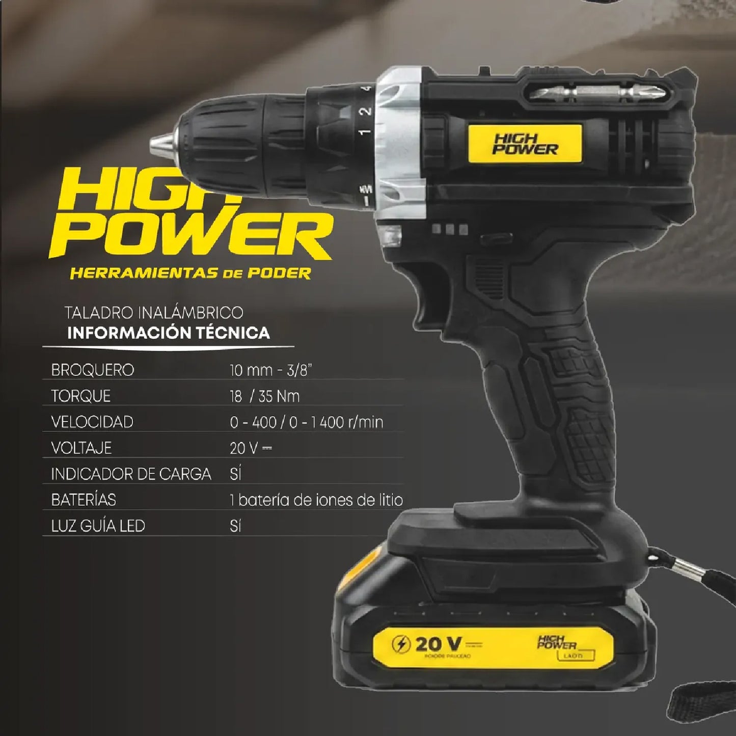 Combo de Taladro Atornillador Inalámbrico 20V con Batería HIGH POWER