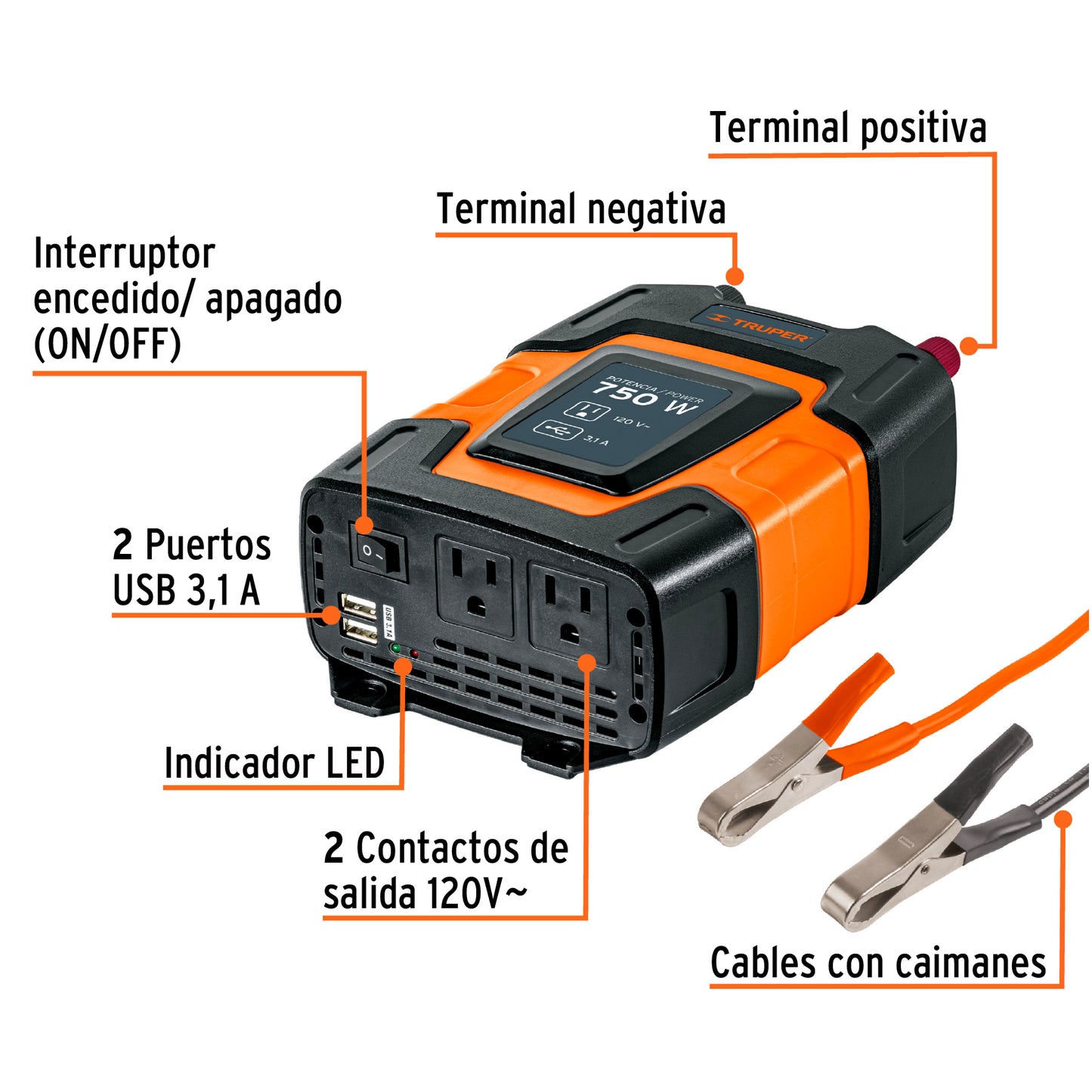 Inversor de Corriente 750W con Puertos USB TRUPER