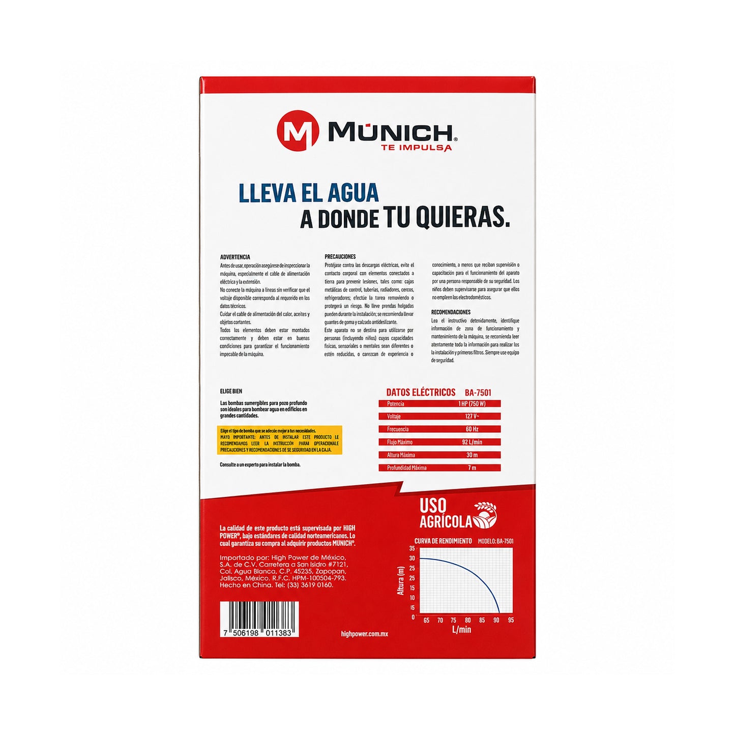 Bomba Sumergible 1 HP para Agua Limpia MUNICH