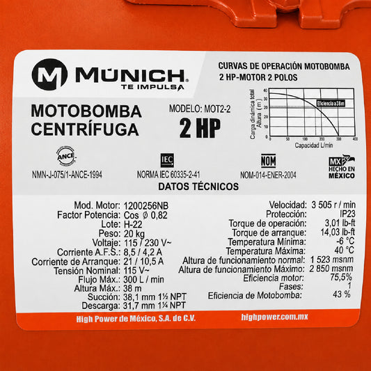 Bomba Centrífuga 2 HP para Agua MUNICH