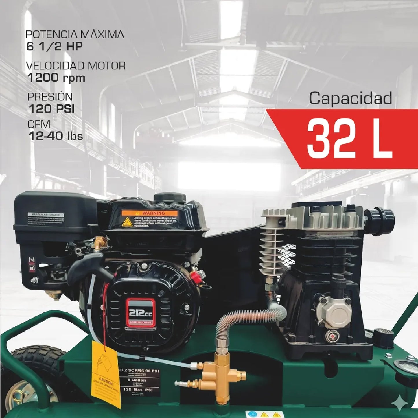Compresor de Aire a Gasolina 6.5HP Doble Tanque 32 L OAKLAND
