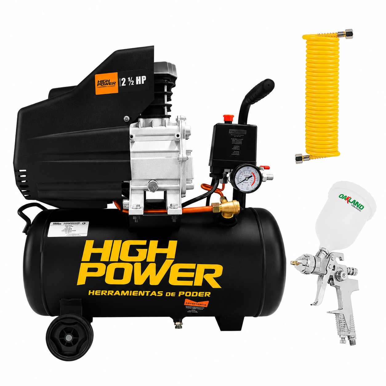 Compresor de Aire 2.5 HP 25 L con Pistola y Manguera High Power