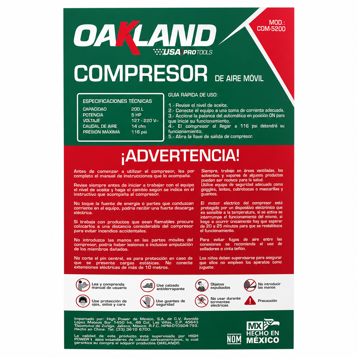 Compresor de Aire con Ruedas 5 HP 200 L 110/220V OAKLAND