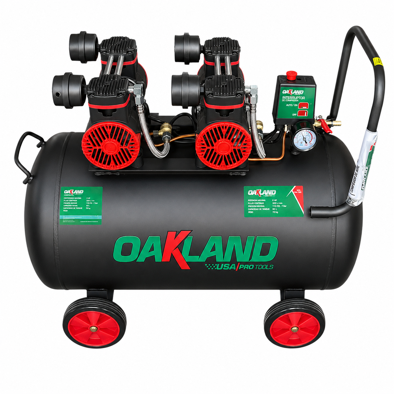 Compresor de Aire Libre de Aceite 2 HP 90 L Silencioso OAKLAND