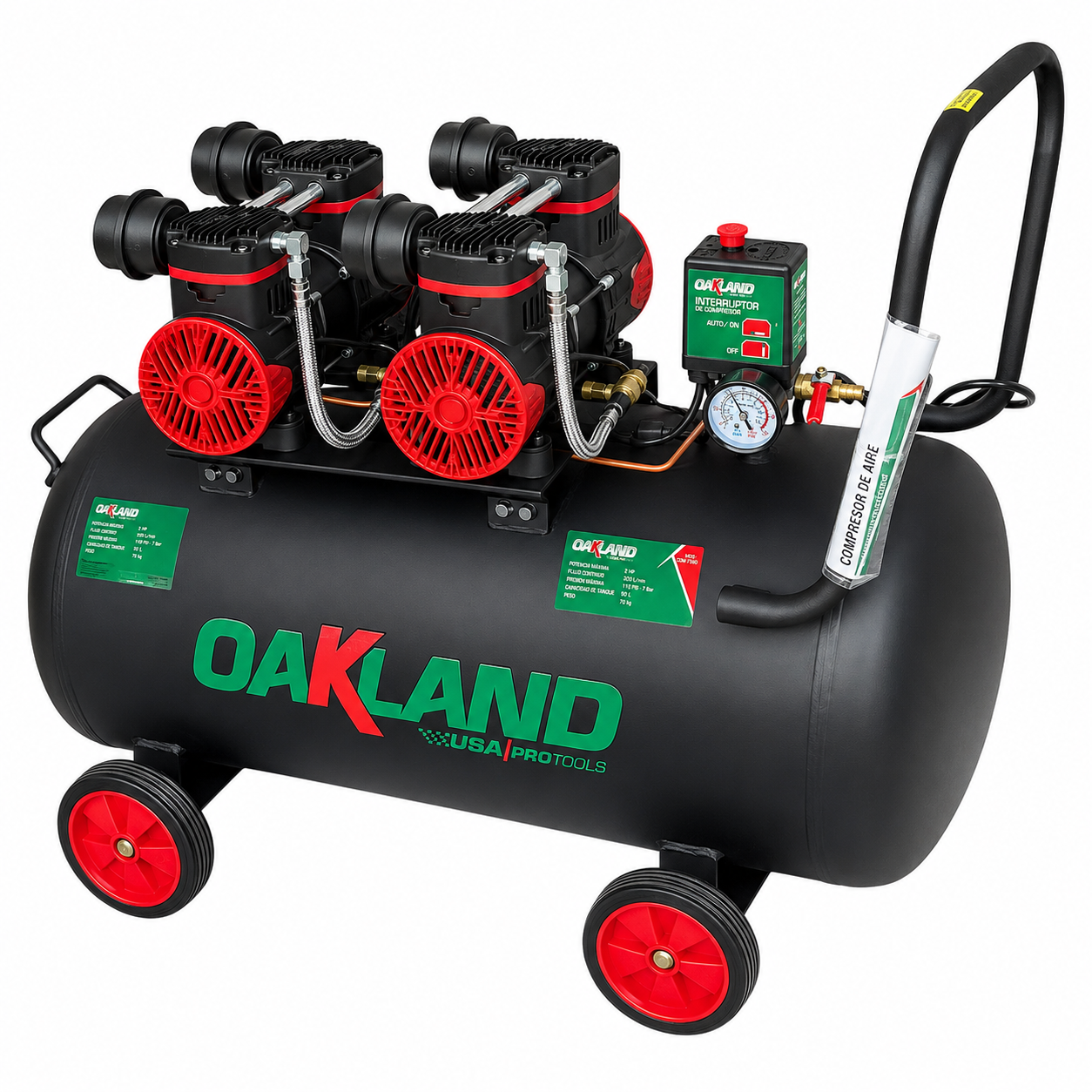Compresor de Aire Libre de Aceite 2 HP 90 L Silencioso OAKLAND