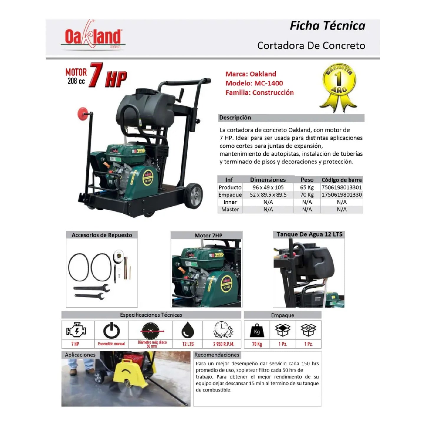 Cortadora de Concreto a Gasolina 14" 7HP OAKLAND