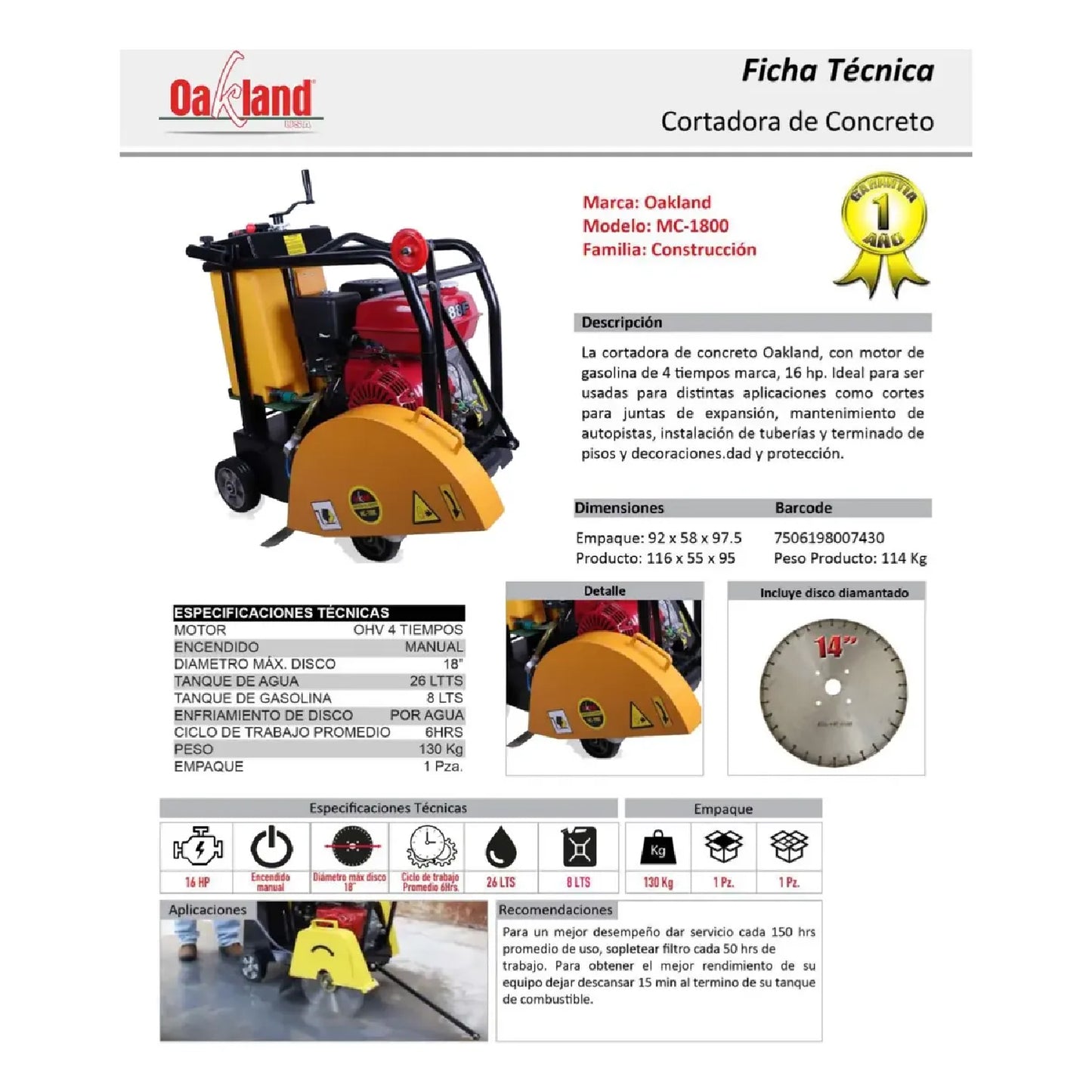 Cortadora de Concreto a Gasolina 18" 13HP OAKLAND