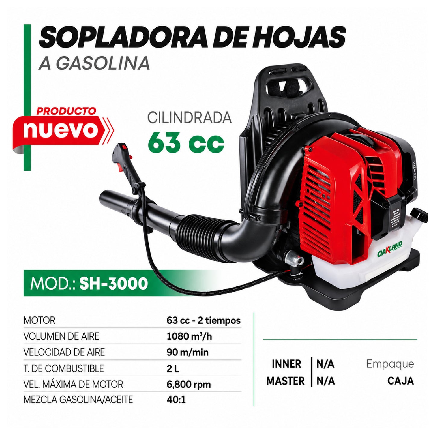 Sopladora de Hojas 63 cc a Gasolina Tipo Mochila 2T OAKLAND