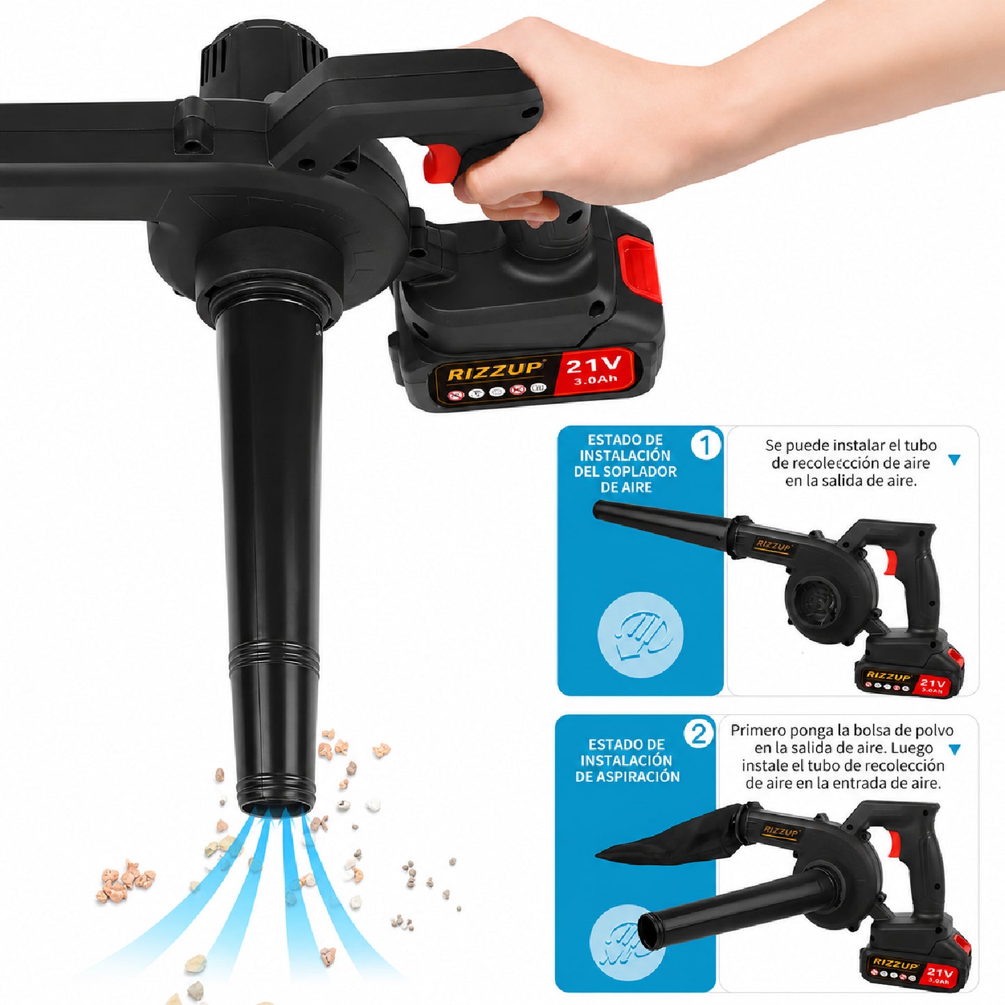 Soplador Aspirador Inalámbrico 2 en 1 con 2 Baterías 24 V RIZZUP