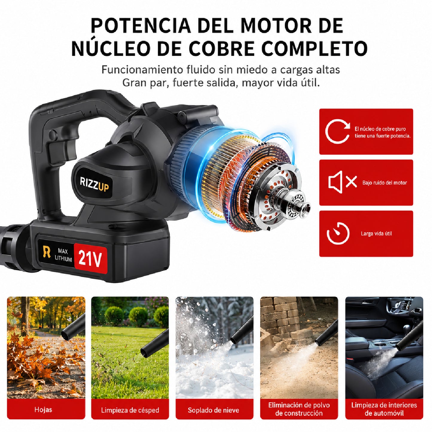 Soplador Aspirador Inalámbrico 2 en 1 con 2 Baterías 24 V RIZZUP
